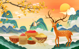 梅花鹿食物国风合成海报素材