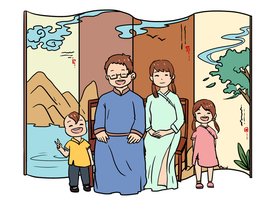 家人合影插画卡通背景海报素材