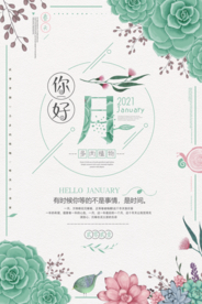唯美小清新你好一月多肉植物海报