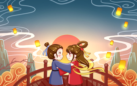 七夕情侣人物插画合成背景素材