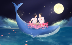 鲸鱼情侣人物插画合成背景素材