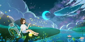 夏季夜空人物插画合成背景素材