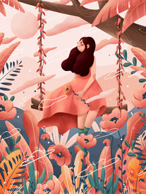 糖果色秋千上的少女 插画