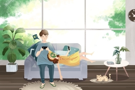 居家人物插画卡通清新背景素材