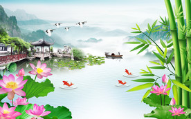 山水画竹子背景墙图片