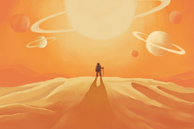 星球黄色渐变人物线条背景素材