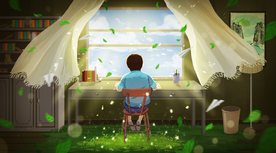 窗台人物学习插画卡通背景素材