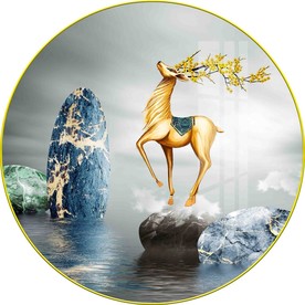 轻奢石来运转发财鹿圆形装饰画图
