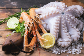 海鲜大虾鱿鱼美食背景海报素材