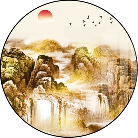 新中式圆形山水画花鸟装饰画挂画