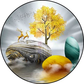 石来运转麋鹿山水圆形晶瓷装饰画