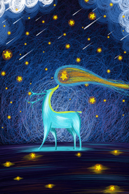 夜空线条梅花鹿插画卡通海报素材