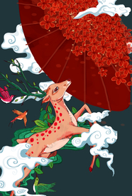 梅花鹿复古传统插画卡通海报素材