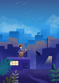 夜晚楼层人物插画卡通海报素材