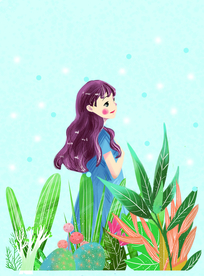 花园植物人物插画卡通海报素材