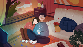 卧室情侣人物插画卡通海报素材