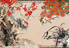 梅花山水画油墨画