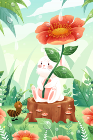 兔子花朵卡通插画背景海报素材