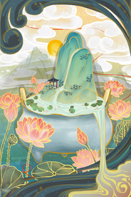 荷花凉亭复古背景海报素材