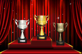 领奖台颁奖台奖杯红色窗帘背景