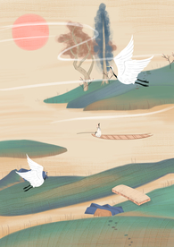 仙鹤复古传统插画卡通背景素材