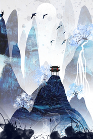 山水水彩复古插画卡通背景素材