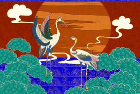 仙鹤复古插画卡通背景素材