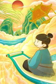 画轴人物复古插画背景海报素材