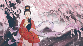 桃花林女性人物插画背景海报素材