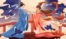 七夕人物插画复古背景海报素材