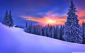 雪景夕阳