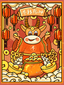 手绘牛年 国潮手绘牛年 国牛年