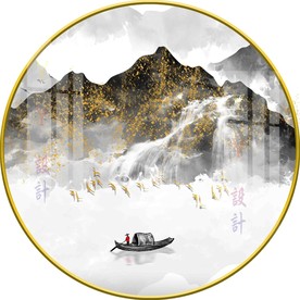 新中式意境山水圆形装饰画图片