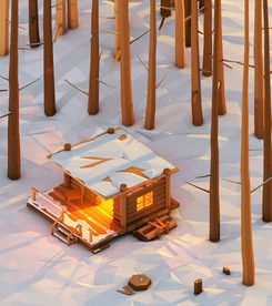 C4D 模型 林中雪屋小木屋