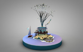 C4D 模型亭台楼阁树与小舟
