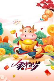 金牛贺岁福牛抱元宝手绘元素图