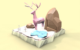 C4D 模型景观台麋鹿石头雕像