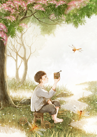 男孩森林卡通插画场景背景素材