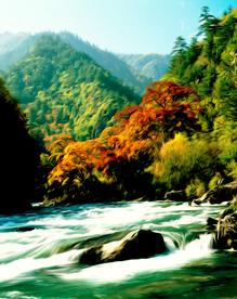 山水 风景油画 岩石 树阴 秋