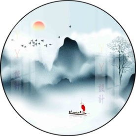 新中式意境山水圆形装饰画图片