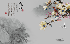 花鸟背景墙 中式背景墙 装饰画