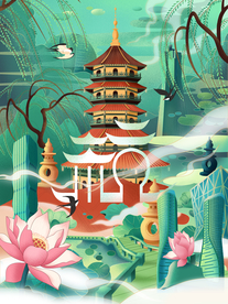 杭州城市地标插画