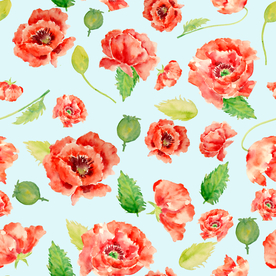 水彩罂粟花图案蓝色主题碎花底纹