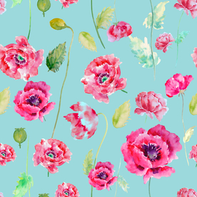 水彩罂粟花图案蓝色主题碎花底纹