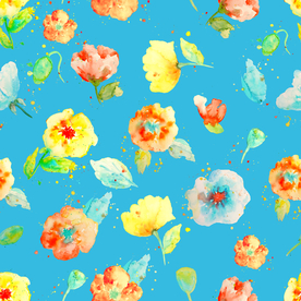 水彩罂粟花图案蓝色主题碎花底纹