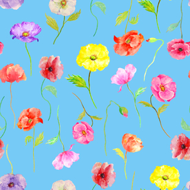 水彩罂粟花图案蓝色主题碎花底纹