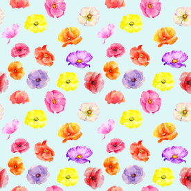 水彩罂粟花图案蓝色主题碎花底纹