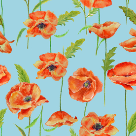 水彩罂粟花图案蓝色主题碎花底纹