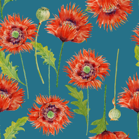 水彩罂粟花图案蓝色主题碎花底纹