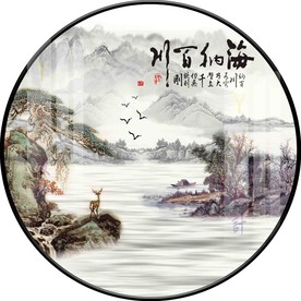 新中式水墨意境山水圆形装饰画图